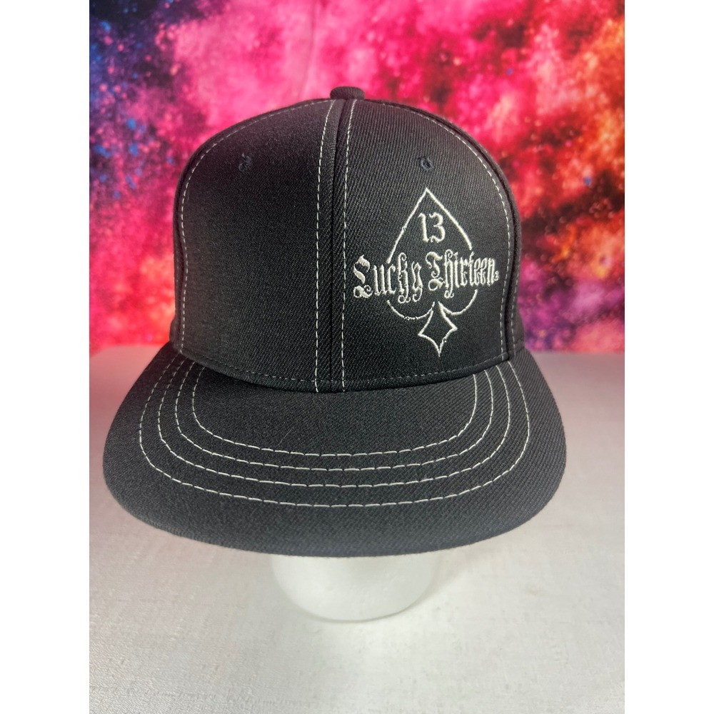 Lucky 13 Spade Logo Embroidered Hat Black White Stitching S/M NWT